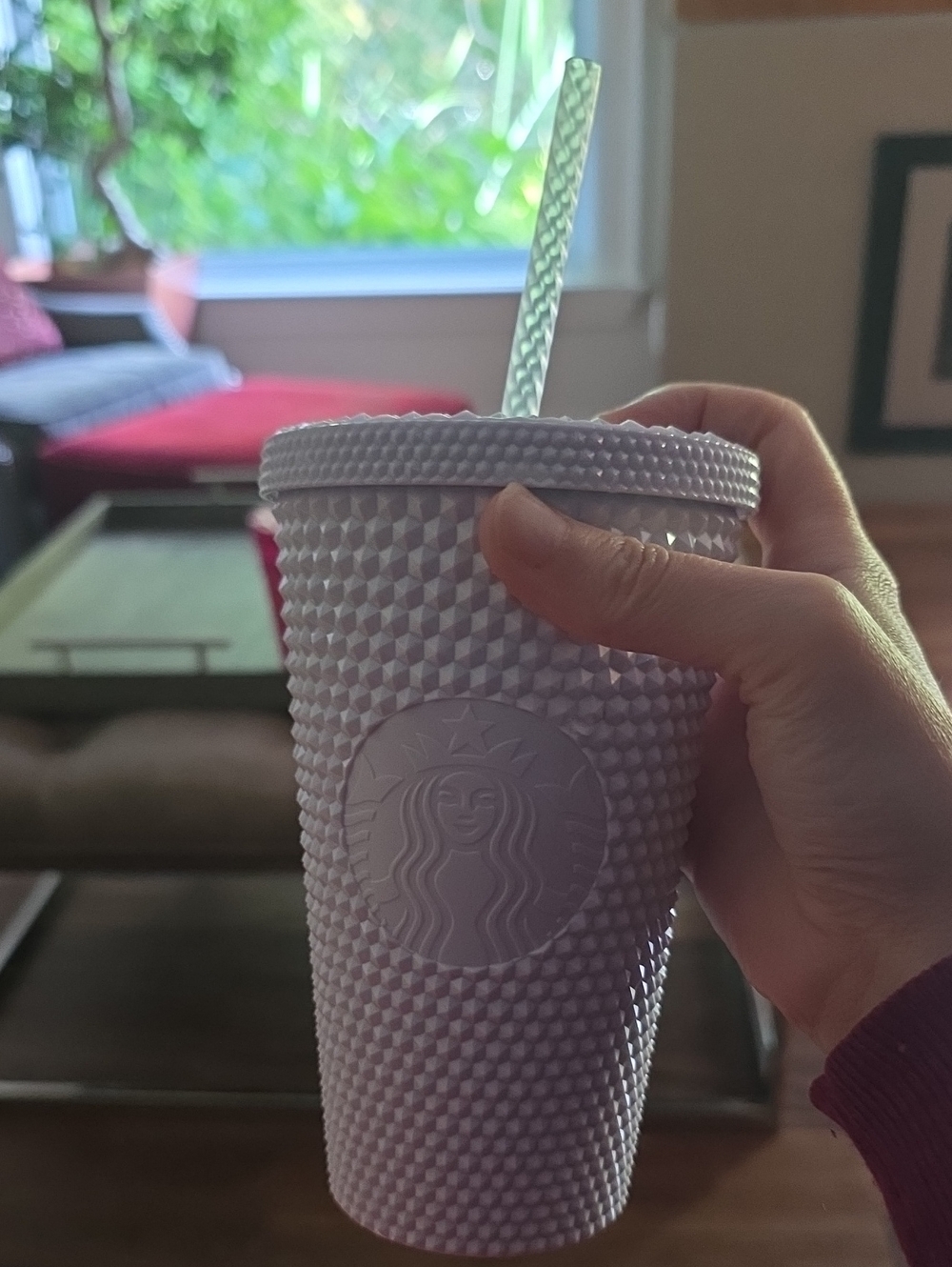 Starbucks White Studded Reusable Cold Cup with Patterned Straw